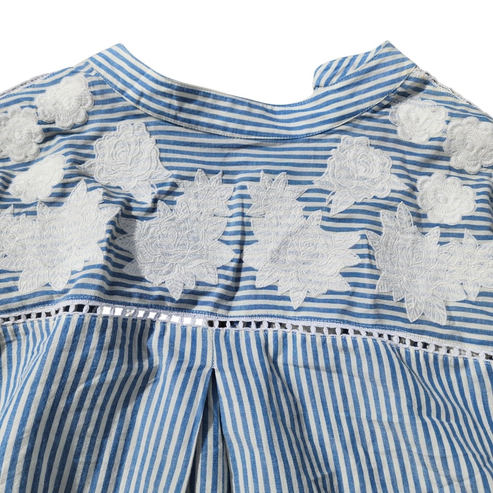 Free People Top XS Blue Stripe Embroidered Flowers Boho Bell Sleeve NWT - Picture 10 of 15